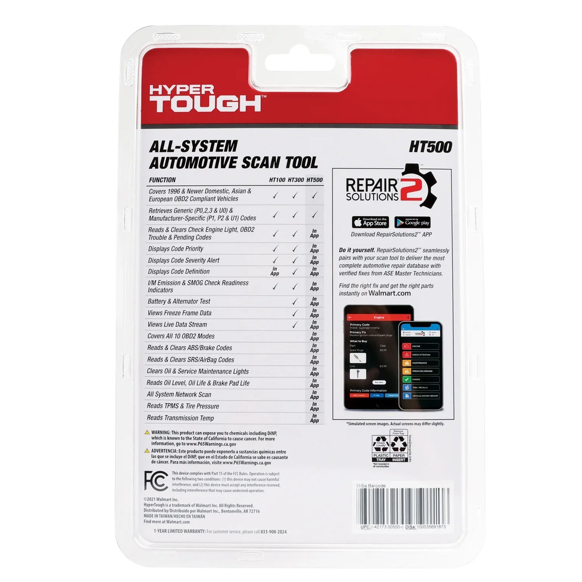 Hyper Tough HT500 Bluetooth Scan Tool, 1996 & Newer OBD2 Vehicles, Free Fix & Part Recommendations