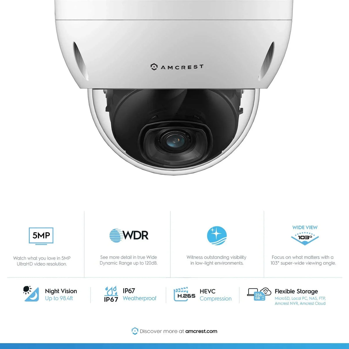 Amcrest 5MP POE Camera, Outdoor Vandal Dome Security POE IP Camera, 5-Megapixel, 98ft. Night Vision, 2.8mm Lens, IP67, IK10 Resistance, Cloud, NVR (IP5M-D1188EW-28MM)