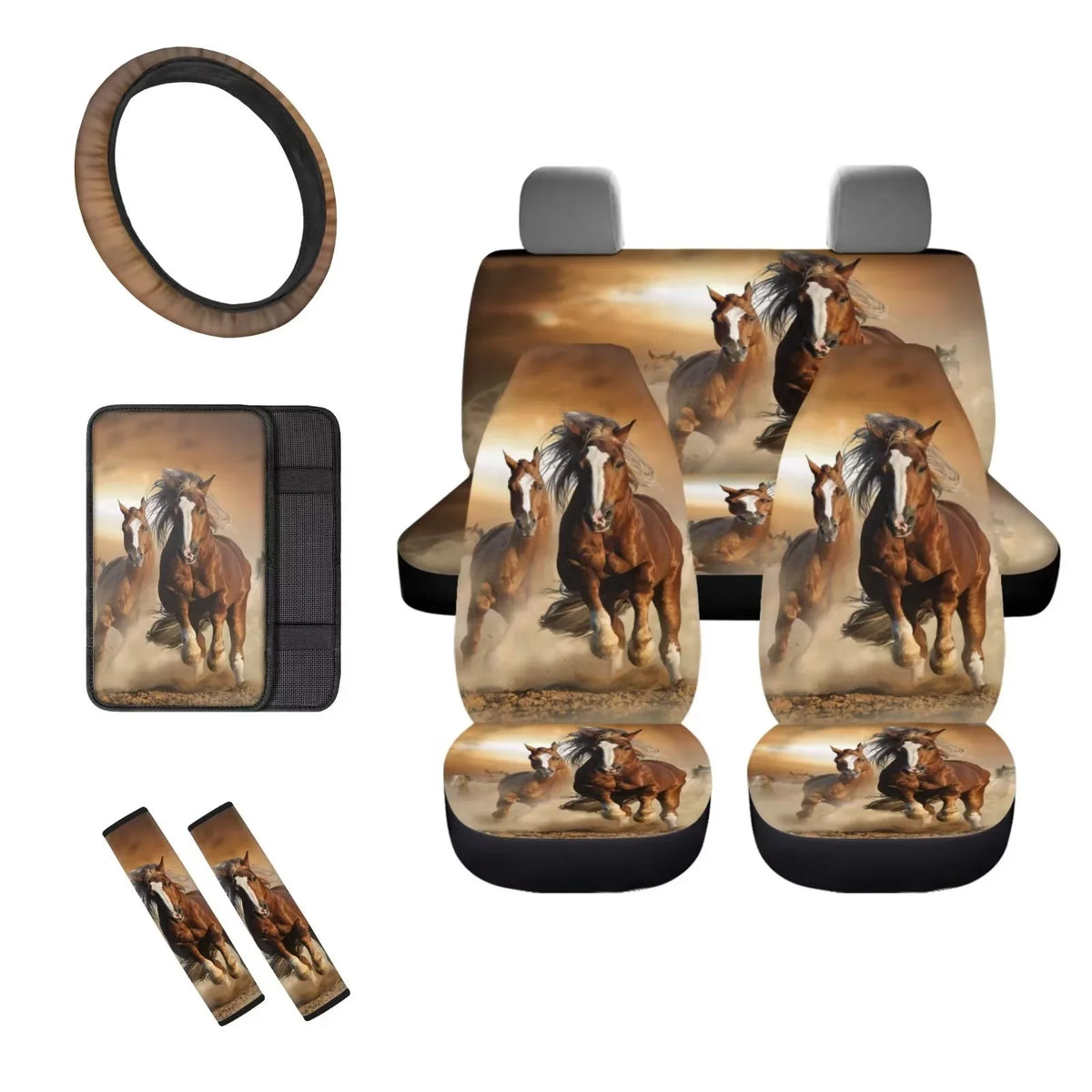 Binienty Car Seat Cover for Carseat SUV Van Auto Interior Accessories,Center Console Pad,Front Back Seat Protector Cover,Steering Wheel Pad,Armrest Cover,8pcs Running Horse Western Aztec Design